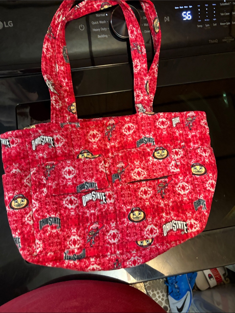Ohio State Red Quilted Tote Bag with Mascot Print